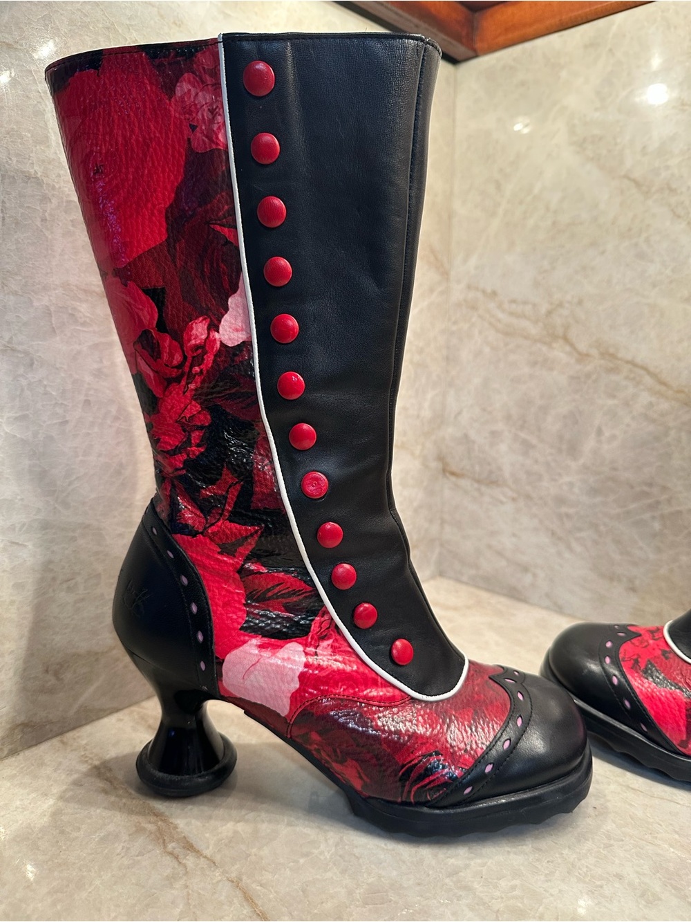 Fluevog Babycakes. Black and Red Floral — Women's Statement Boots - Picture 8 of 12